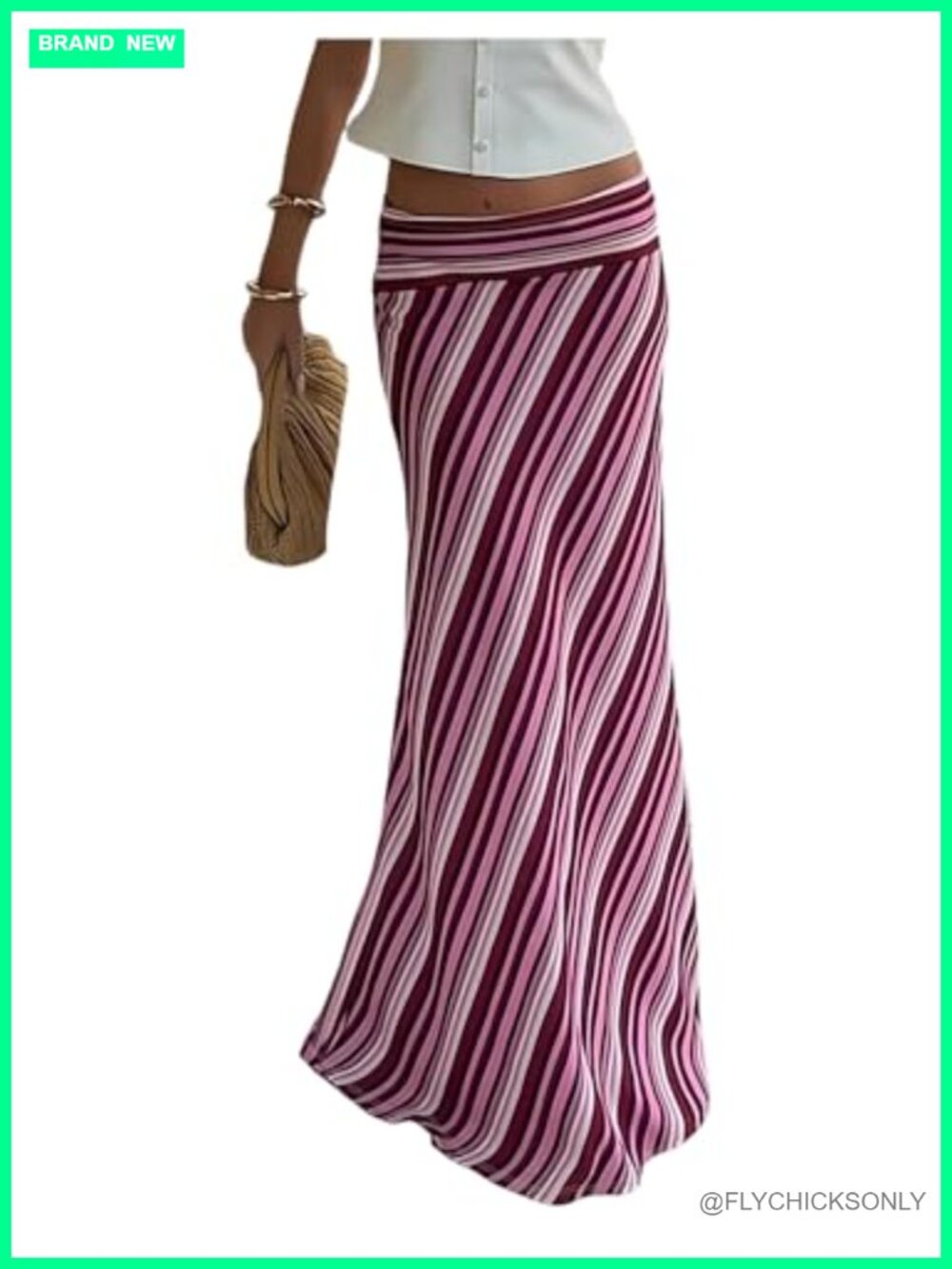 Boho Striped Ruffle Hem Maxi Skirt Low Rise Business Casual